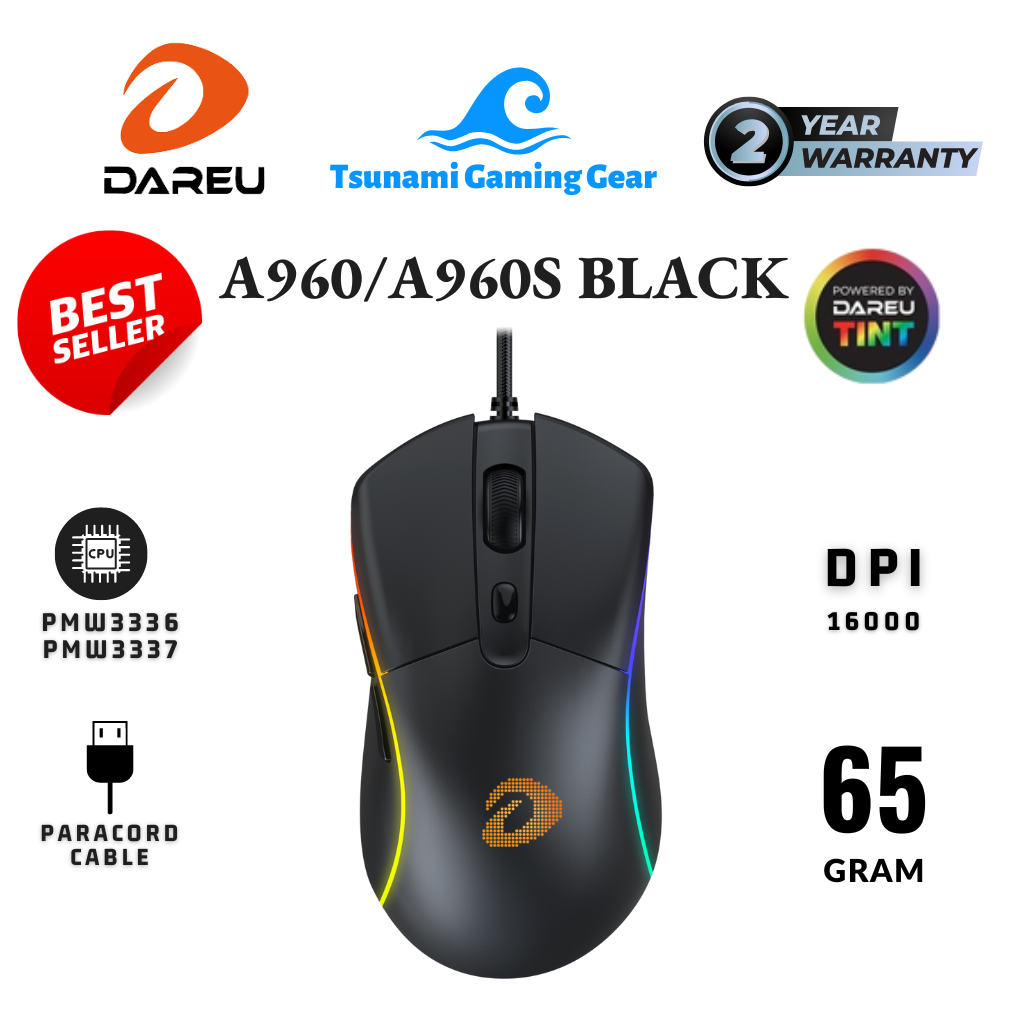 Chuột gaming siêu nhẹ dareu a960/ a960s black ultralight rgb/ pixart pwm3336 - pwm3337/ màu đen