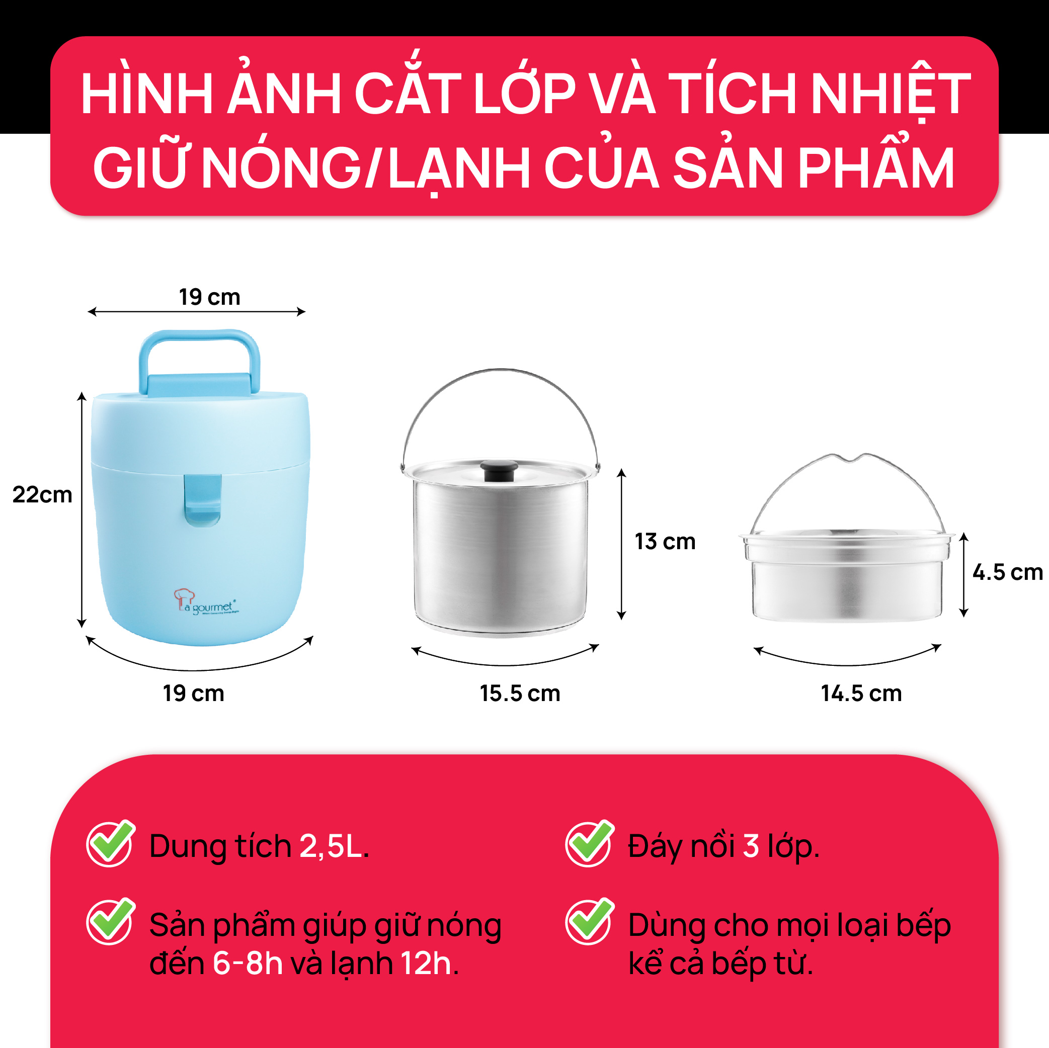 Nồi ủ giữ nhiệt - nồi nấu chậm làm mềm La gourmet 2.5L Inox 304 cao cấp chính hãng-lòng nồi thép không gỉ - bảo hành 1 năm-Thermal cooker - 397614
