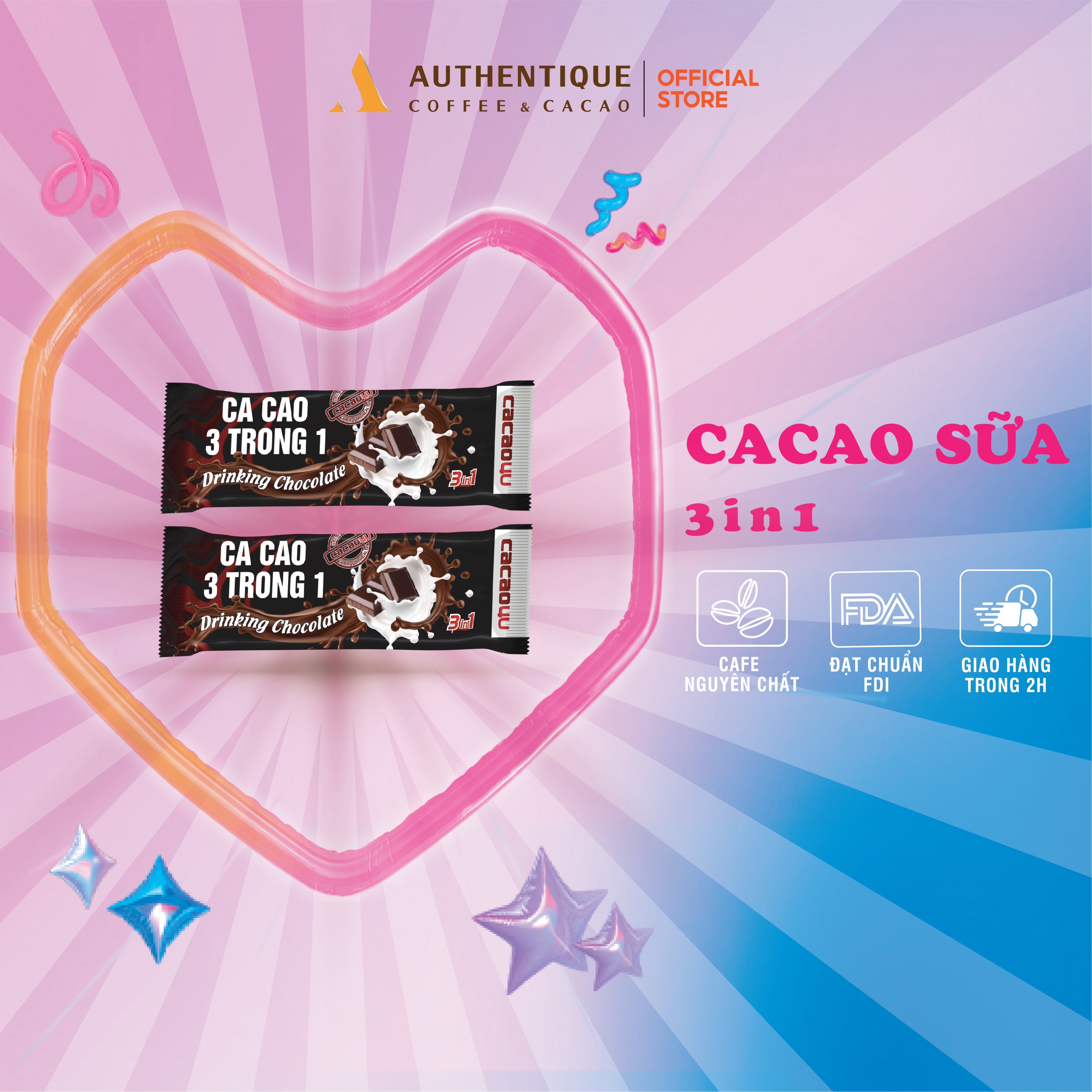 Bột Cacao sữa Authentique hoà tan 3in1, Drinking Chocolate 22gr