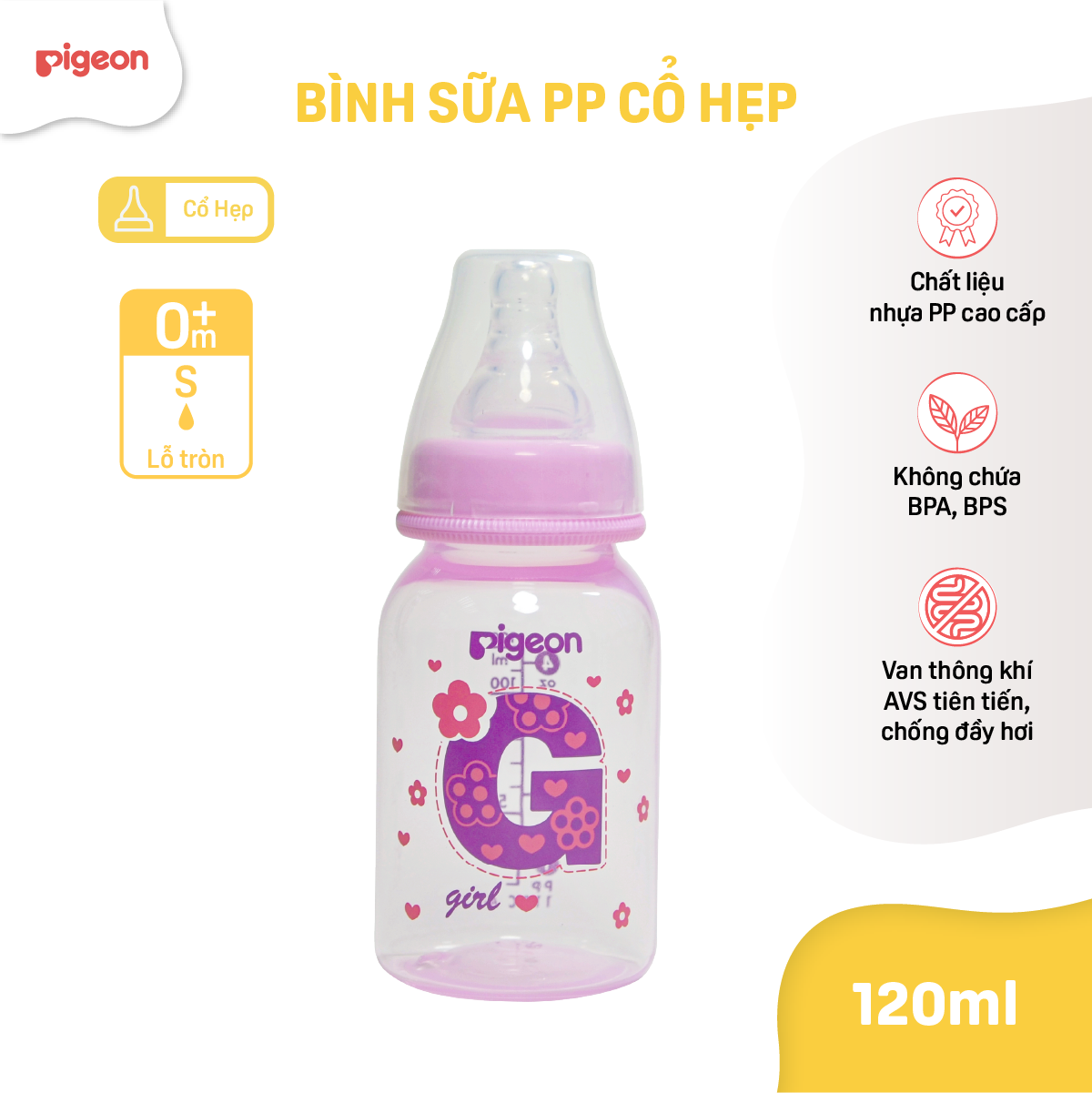 Bình sữa cổ hẹp PP cao cấp bé gái Pigeon 120ml (S)