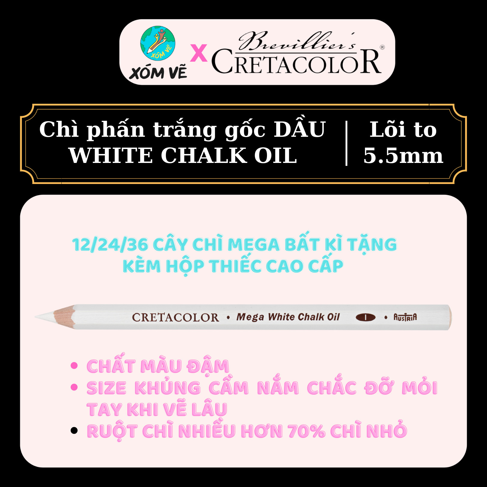 Chì phấn trắng gốc dầu lõi to 5.5mm White chalk oil CRETACOLOR 461 68