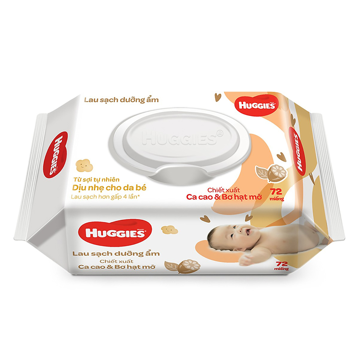 1 Gói Khăn Ướt Em Bé Huggies Chiết Xuất Vitamin E & Ca Cao Bơ Hạt Mỡ (Có Mùi) 72 Tờ