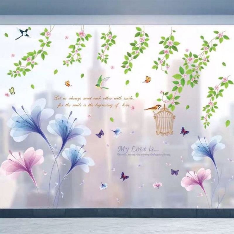 Decal dán tường pha lê tím và tán dây leo