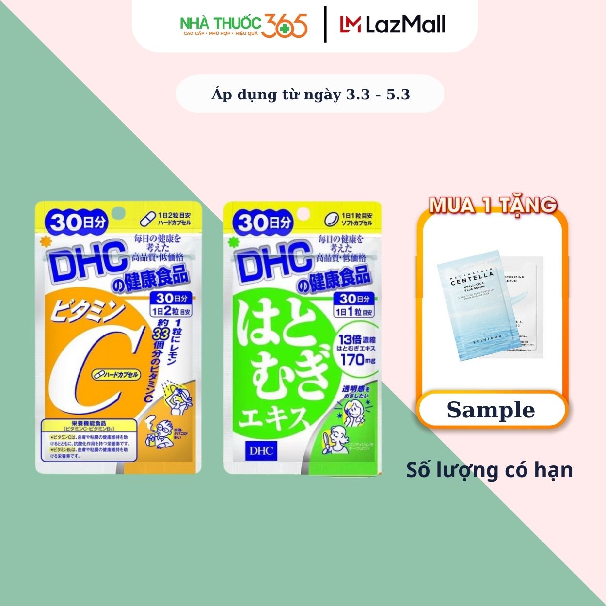 Combo viên uống dhc vitamin c và dhc adlay extract giúp giảm thâm mụn, dưỡng da trắng hồng căng mịn 30 ngày