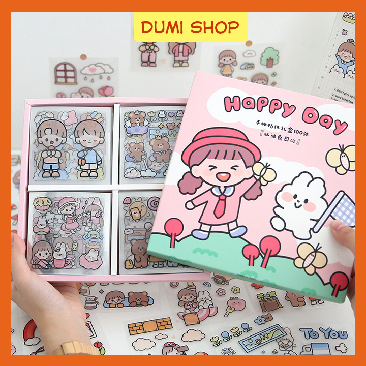 Hộp 1000 sticker hãng telado cô gái và bé thỏ, sticker cho bé - dumi shop