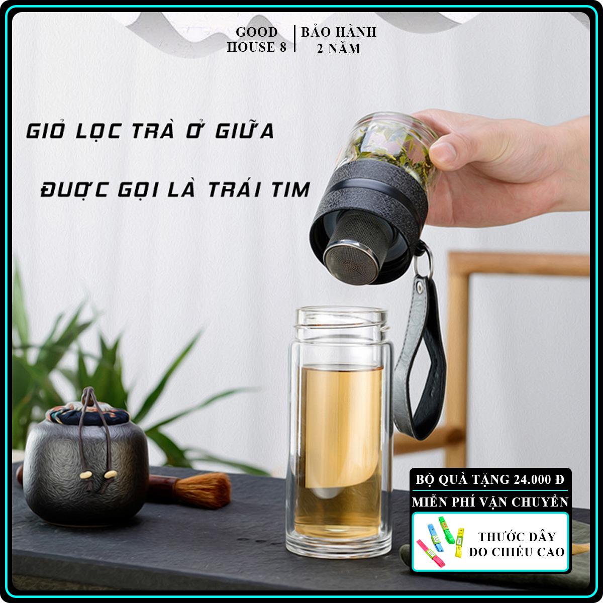 Bình thủy tinh giữ nhiệt pha trà BGN3, Bình nước thủy tinh 240ml có ngăn trà được thiết kế cực kỳ thông minh