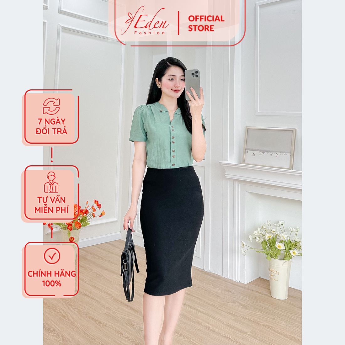 Áo kiểu cổ v cách điệu tay ngắn phối nút thời trang Eden - ASM234
