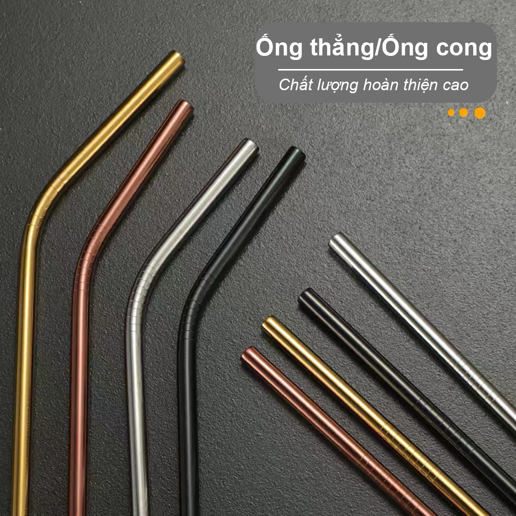 Ống hút cao cấp bằng thép không gỉ 304 an toàn sức khỏe có thể tái sử dụng, ống hút inox kiểu dáng cong/thẳng hai lựa chọn màu bạc/đen