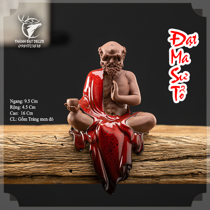 Tượng đạt ma sư tổ ngồi thiền bằng gốm tráng men size 16cm, bồ đề đạt ma màu đỏ, tượng phong thủy trang trí tiểu cảnh