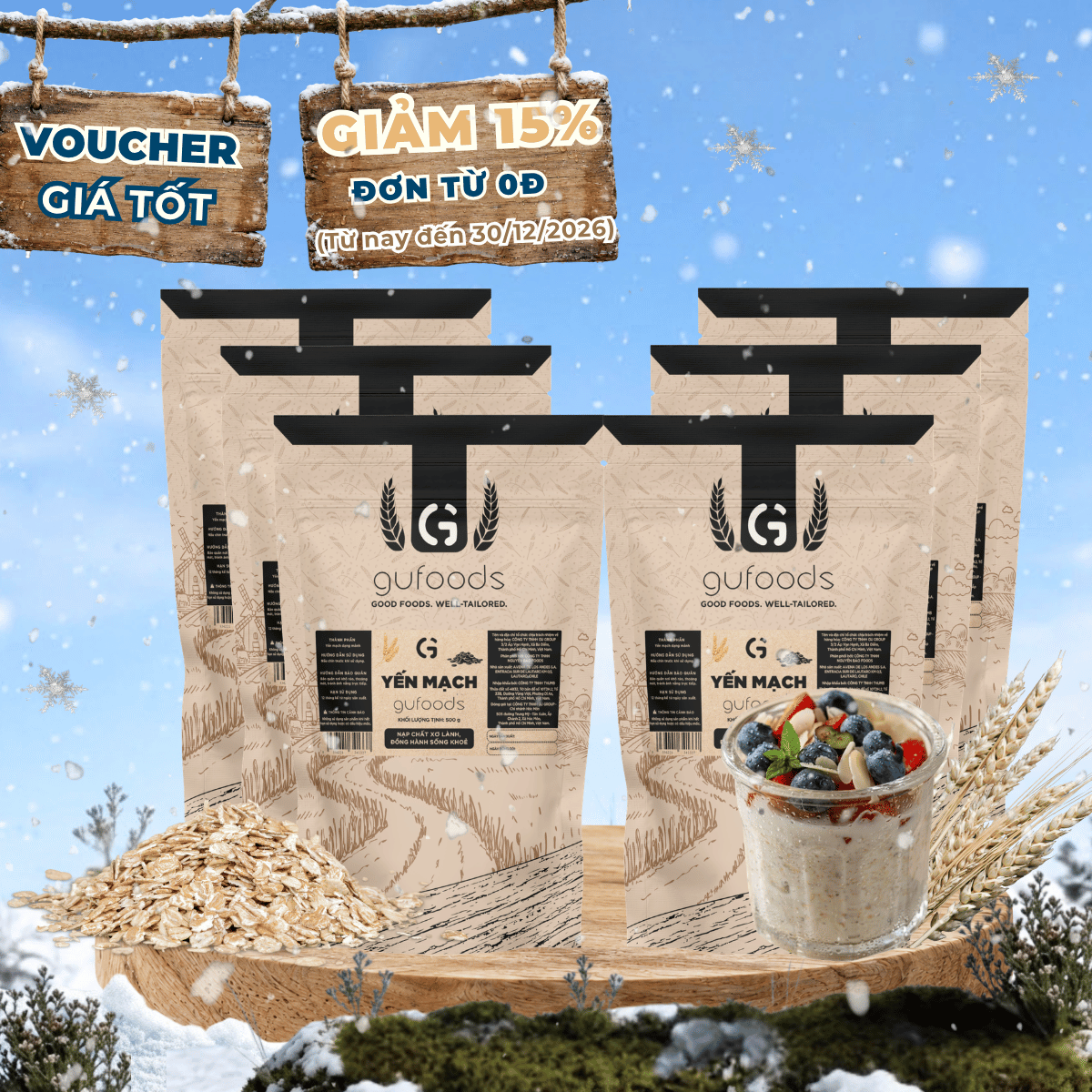 Combo 6 túi Yến mạch tươi cán mỏng GUfoods - Giàu chất xơ & protein thực vật, Tốt cho sức khoẻ, Túi zip tiện lợi, Healthy, Lành mạnh, Tập gym, Eat clean