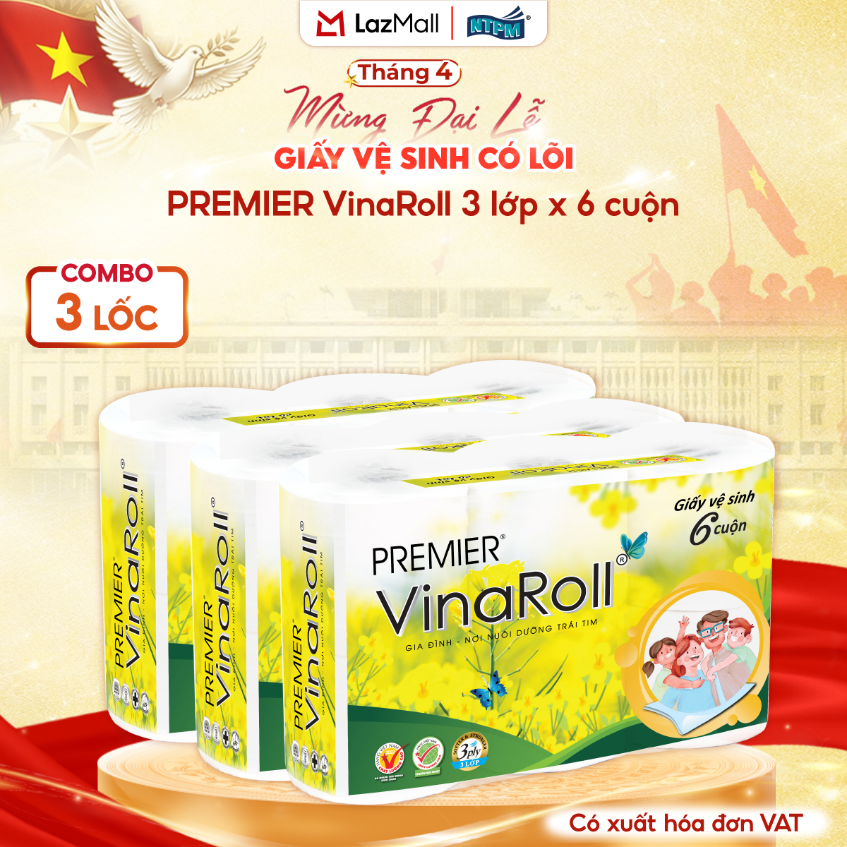 [COMBO 3 LỐC] Giấy vệ sinh PREMIER VinaRoll có lõi, 3 lớp - 100% bột giấy nguyên sinh, không chất tẩy, 6 cuộn/lốc - Chính hãng