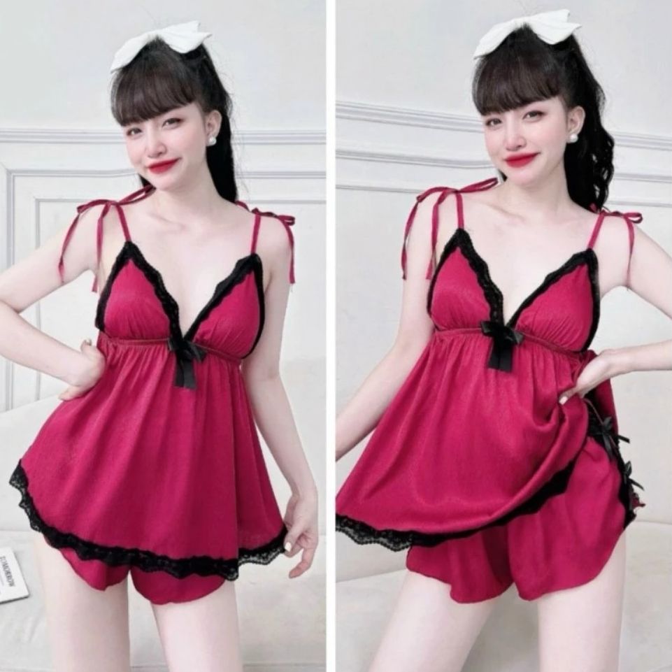 Đồ bộ ngủ hai dây mặc nhà lụa phi mút ngực phối ren ,đồ ngủ sexy 2 dây gợi cảm mềm mát mặc hè quyến rũ