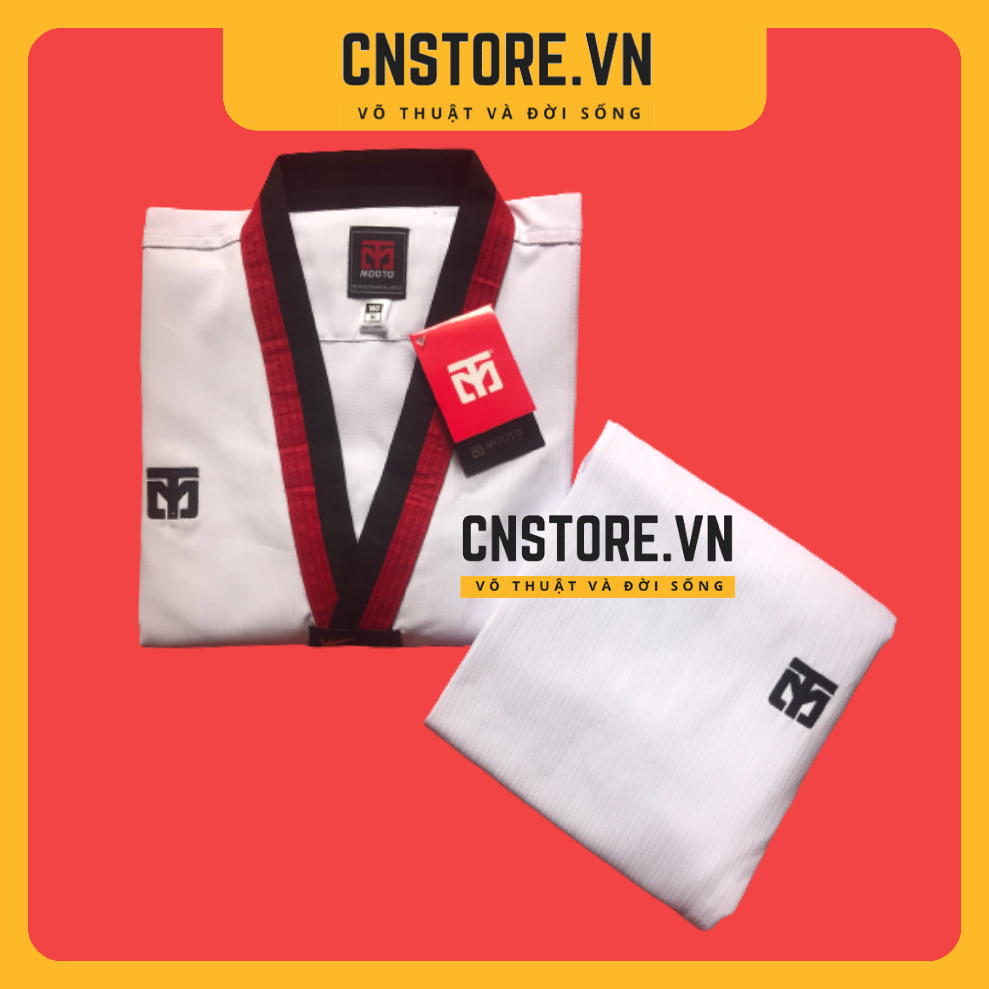 Võ Phục Taekwondo Cổ Đỏ Đen Vải Sọc Mooto Loại Tốt