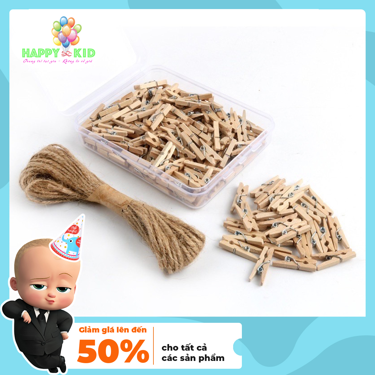 50 kẹp gỗ treo ảnh sinh nhật, decor phòng ngủ tặng 5m dây gai
