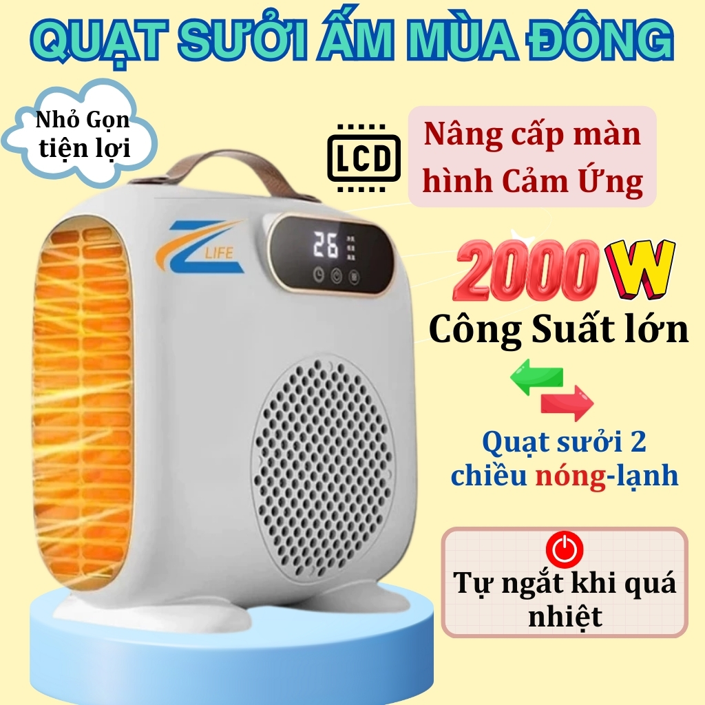 Quạt Sưởi Gốm 2 Chiều Nóng Mát, Máy sưởi mùa đông công suất 2000w làm ấm tức thì không khô da