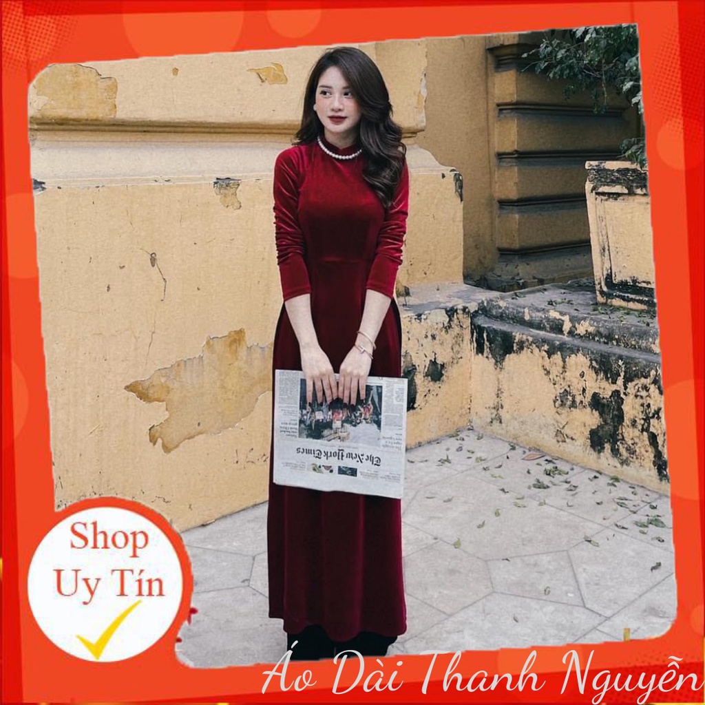 Áo dài nhung đỏ đô thời trang may sẵn cao cấp