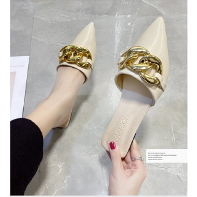 Dép sục nữ thời trang mũi nhọn màu đen/trắng đế bệt nhẹ nhàng công sở đơn giản xích xoắn hot trend nhẹ nhàng