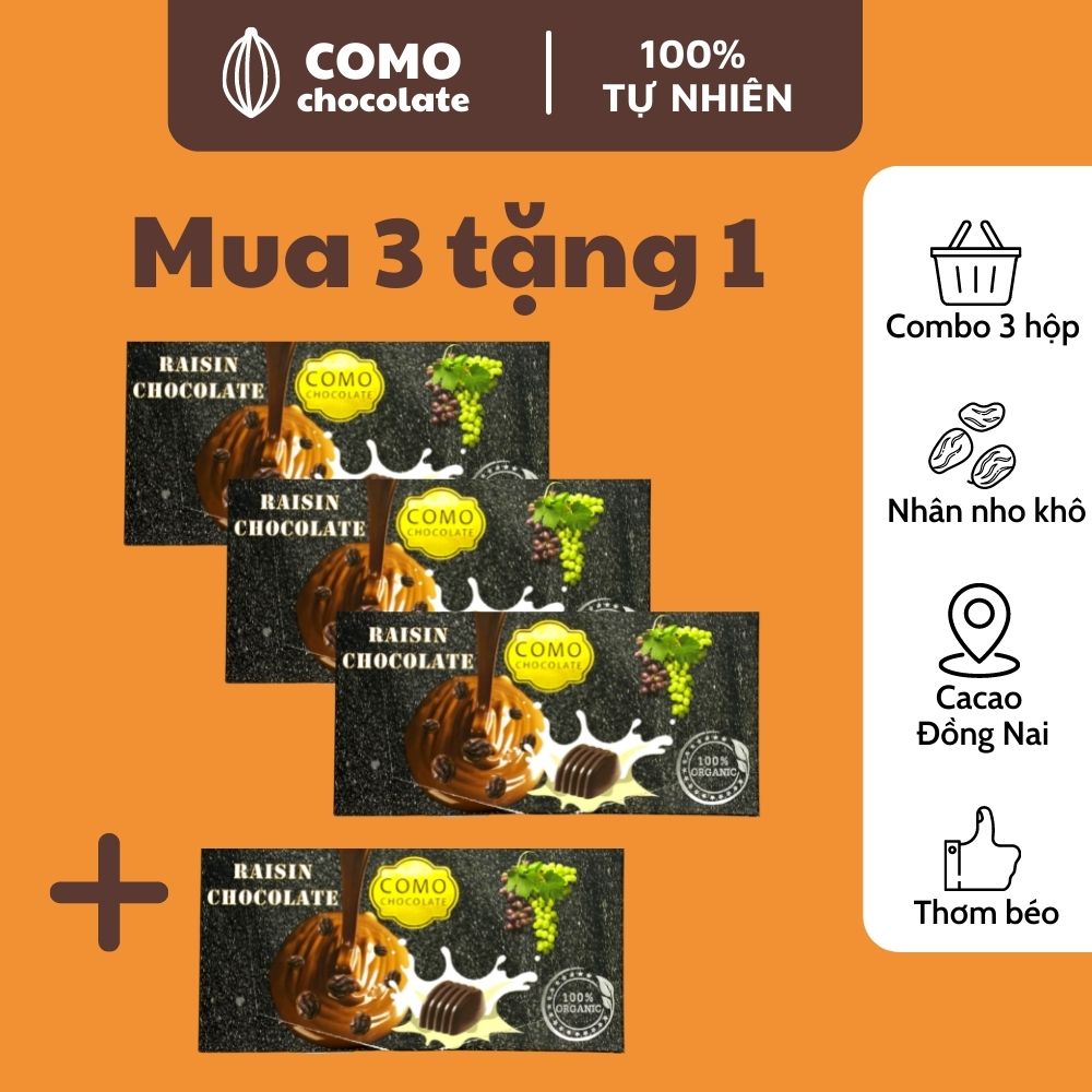[Combo 3 hộp] Socola nhân nho khô COMO Chocolate 100g béo thơm 100% tự nhiên, chứng nhận an toàn thực phẩm. Ít ngọt ăn kiêng ngon khó cưỡng. Đồ ăn vặt nội địa ngon