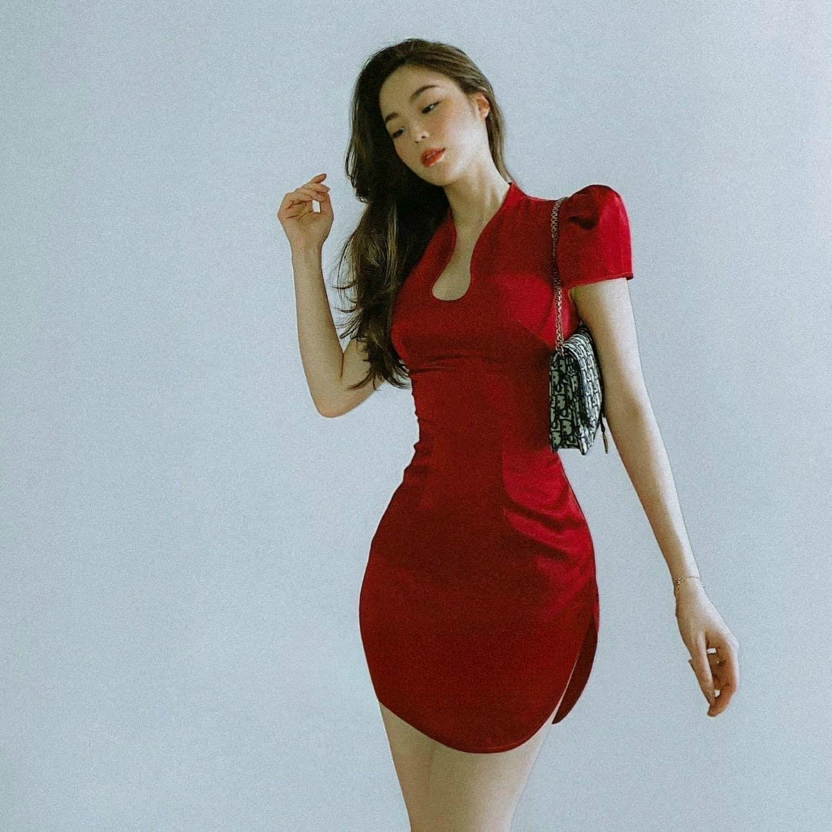 Váy đầm nữ váy cổ tàu sườn xám nhung siêu xinh