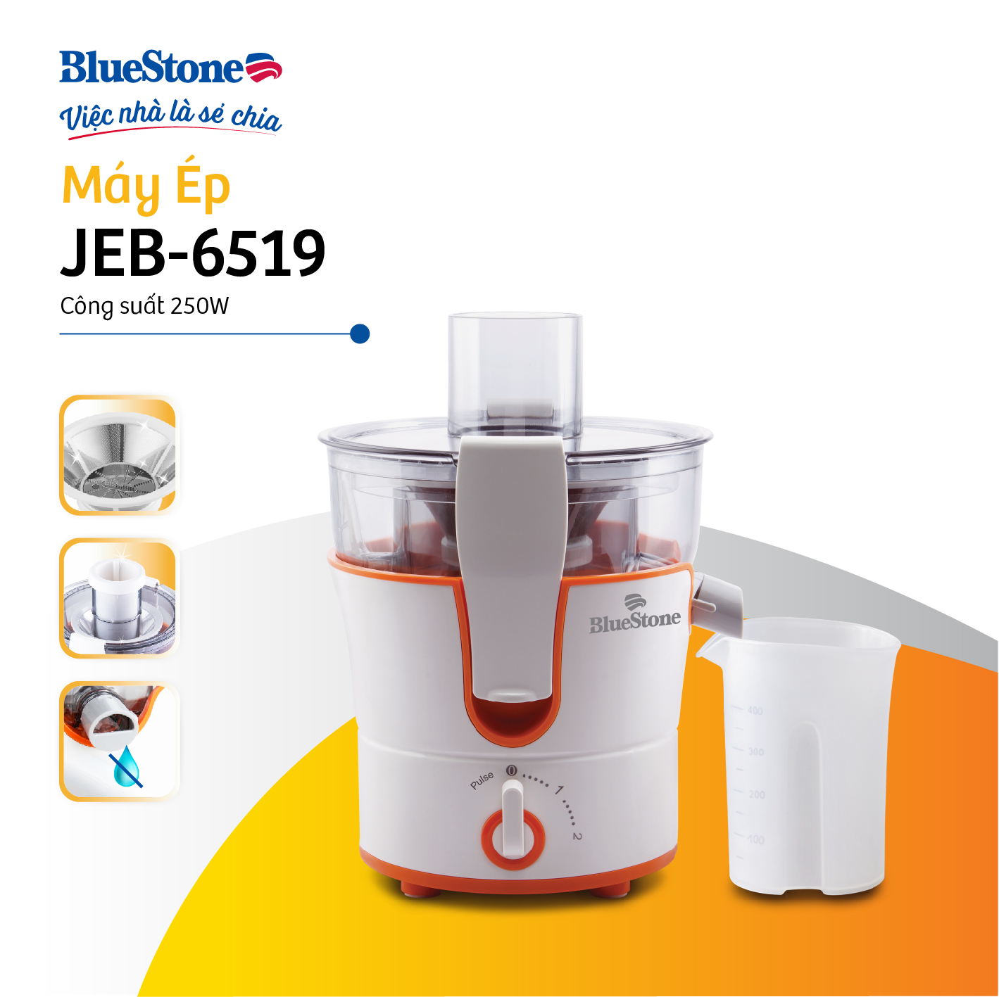 Máy ép trái cây dành cho gia đình bluestone jeb-6519 - công suất 250w - bảo hành 2 năm - hàng chính hãng
