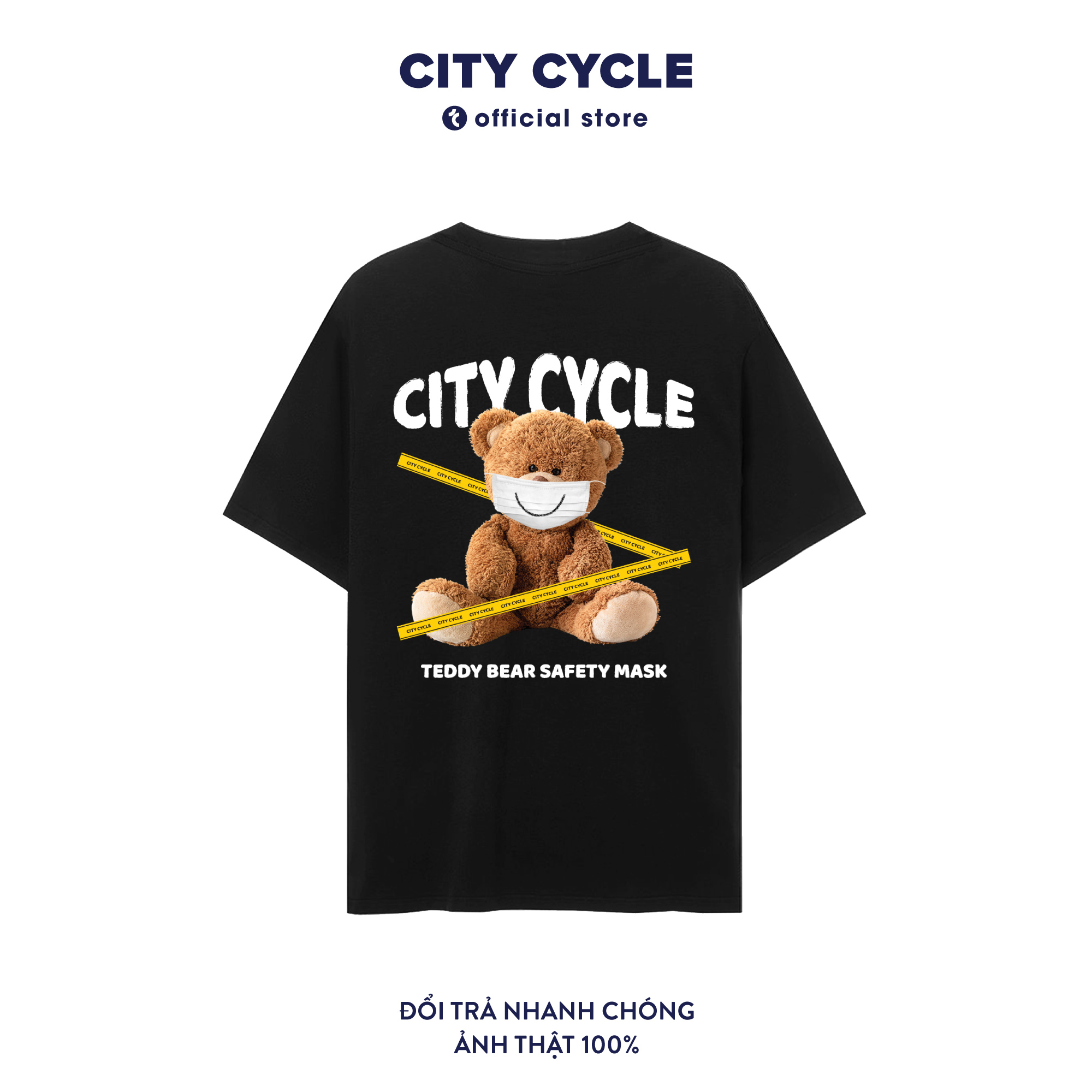 Áo thun tay lỡ Safety Bear form rộng City Cycle - áo thun gấu teddy bear in hình độc đáo big size, 2 màu đen trắng