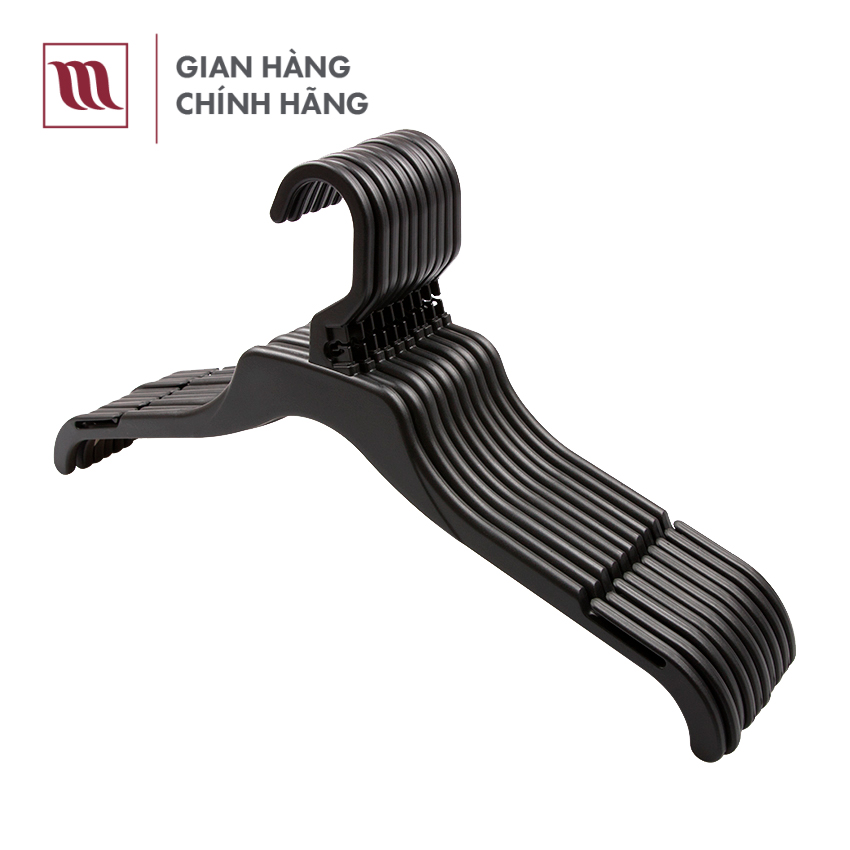 Combo 10 Móc treo áo cao cấp size lớn chính hãng Mainetti, làm từ nhựa cao cấp, có rãnh 2 bên giúp cố định quần áo, màu đen