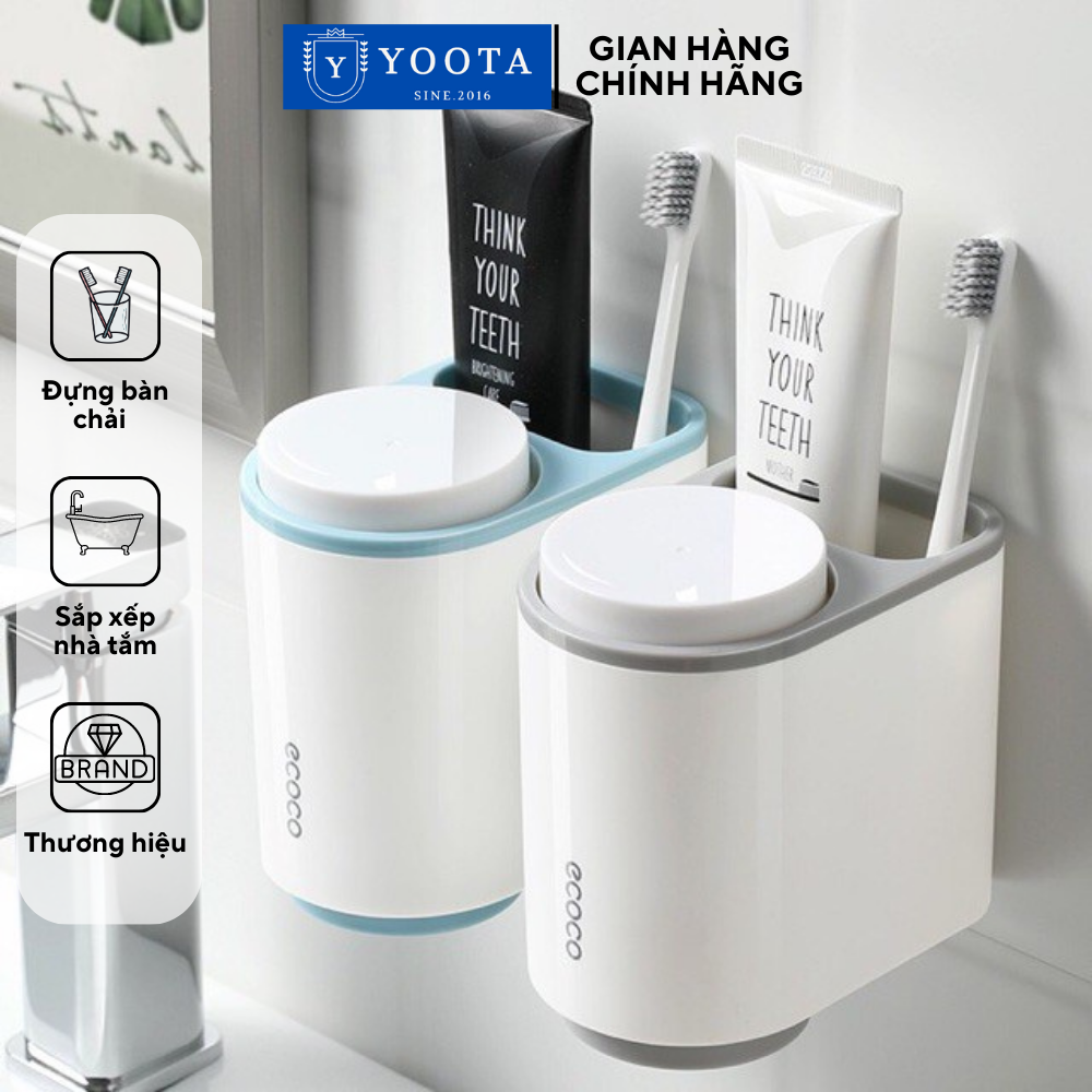 Kệ để cốc và bàn chải đánh răng ecoco, giá treo bàn chải dán tường kèm 2 cốc hút từ tính đựng đồ đa năng