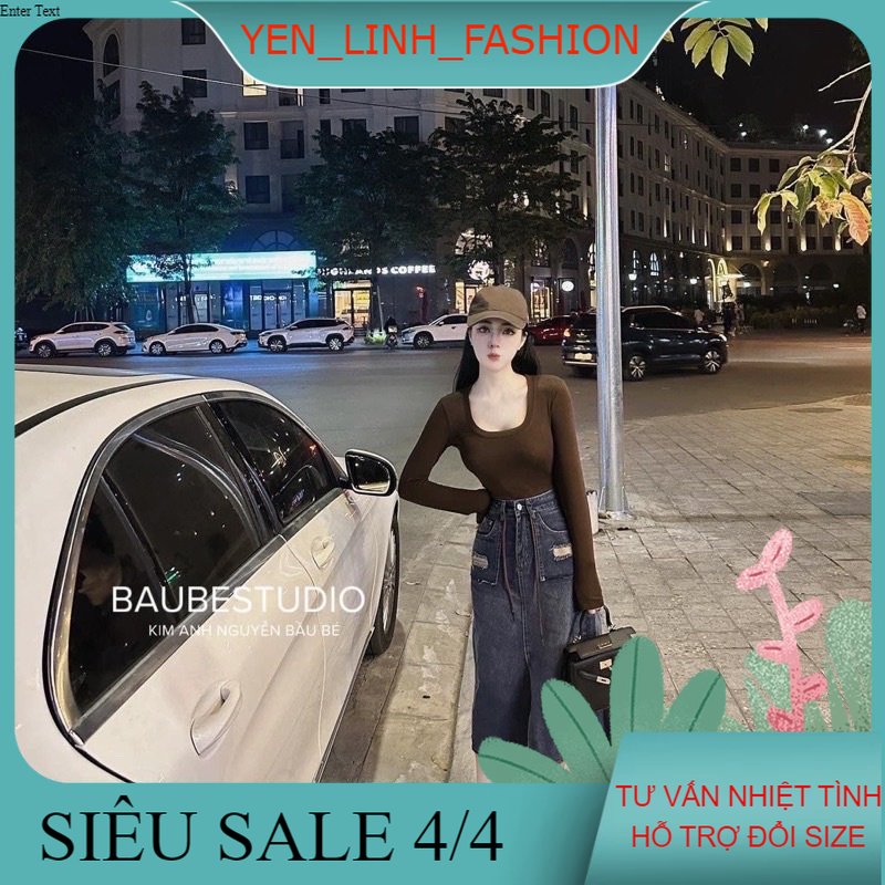 Chân váy bò rách túi chân váy jean midi siêu chất