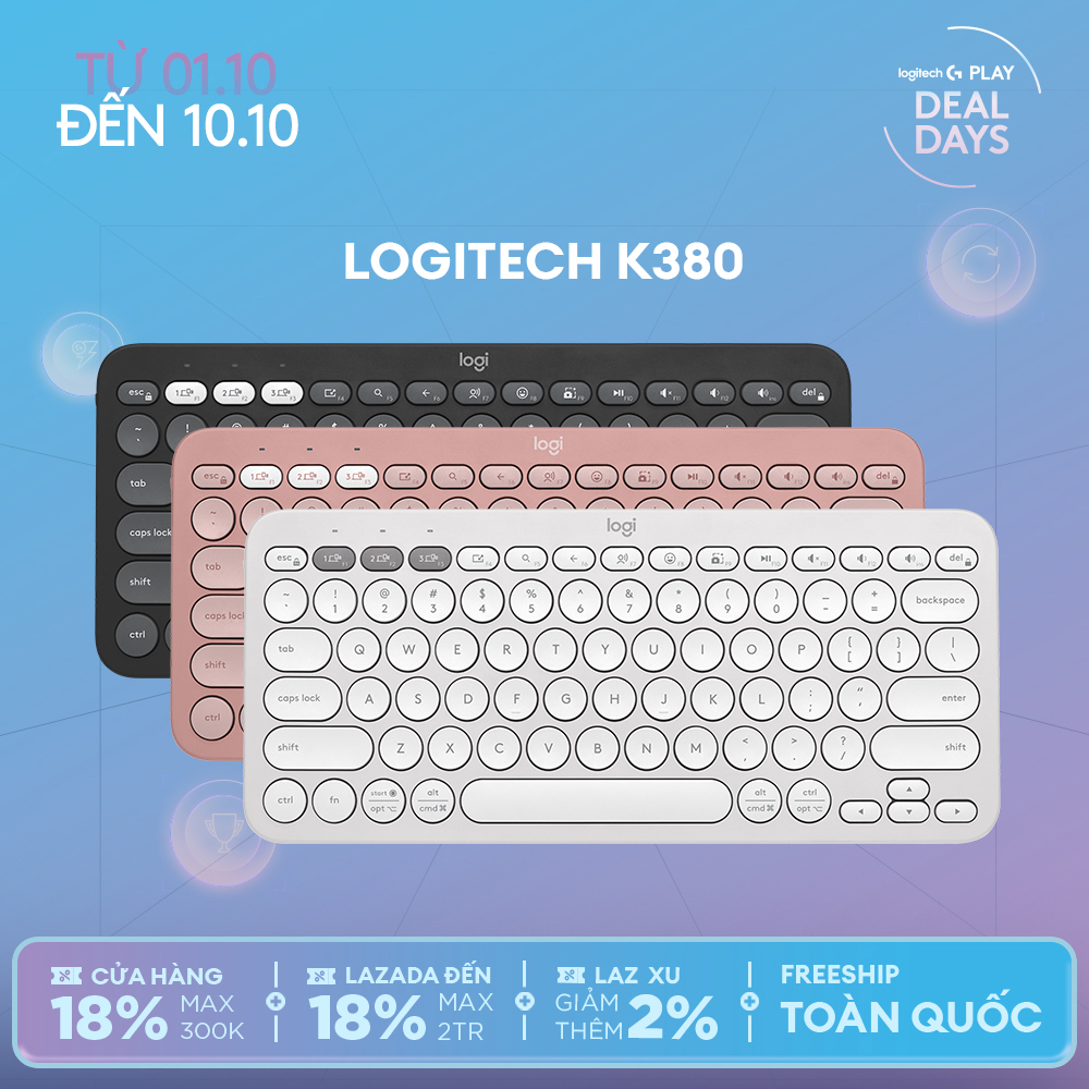 Bàn phím không dây Bluetooth Logitech K380 | Logitech K380s - Kết nối 3 thiết bị, giảm ồn, gọn nhẹ dễ mang đi, phù hợp Mac/ Laptop/ Điện thoại