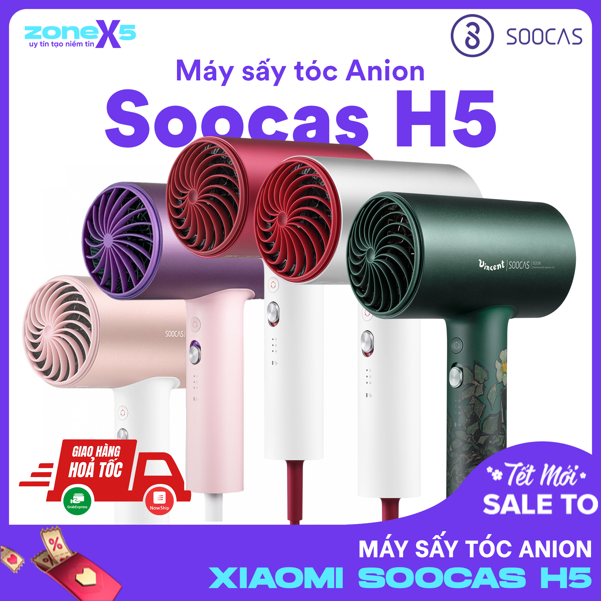 Máy sấy tóc Anion cao cấp Soocas H5 - Máy sấy tóc 30 triệu ion âm sấy siêu nhanh, bảo vệ và ngăn ngừa tóc hư tổn với nhiệt độ ổn định không đổi