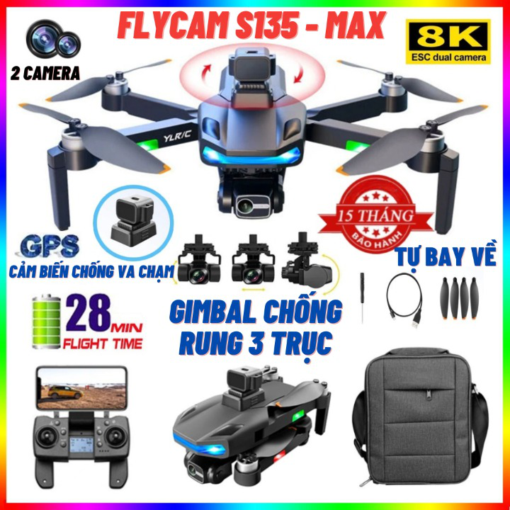 Flycam Điều Khiển Từ Xa Drone Mini S135 Pro Max - Play Camera Kép 8K Động Cơ Không Chổi Than, Định v