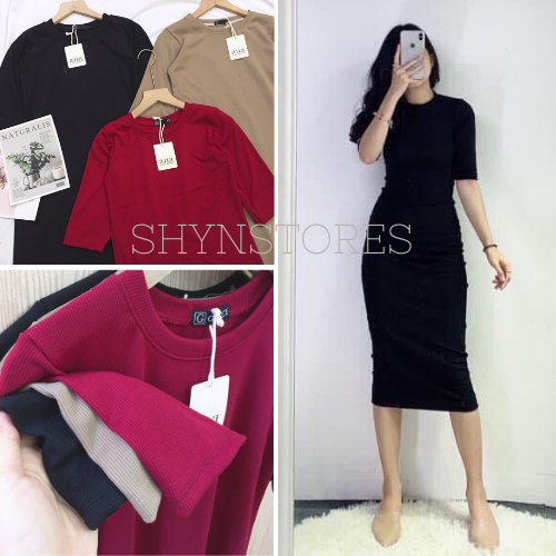 Đầm body nữ Shynstores - váy body tay lỡ basic len tăm cổ tròn vải co giãn freeship