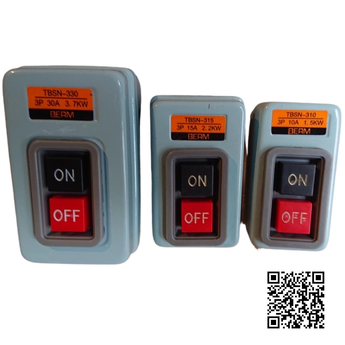 Công tắc nút nhấn nguồn 3 pha TBSN-310, TBSN-315, TBSN-330 điện áp 380VAC, công suất từ 1.5KW, 2.2KW, 3.75KW