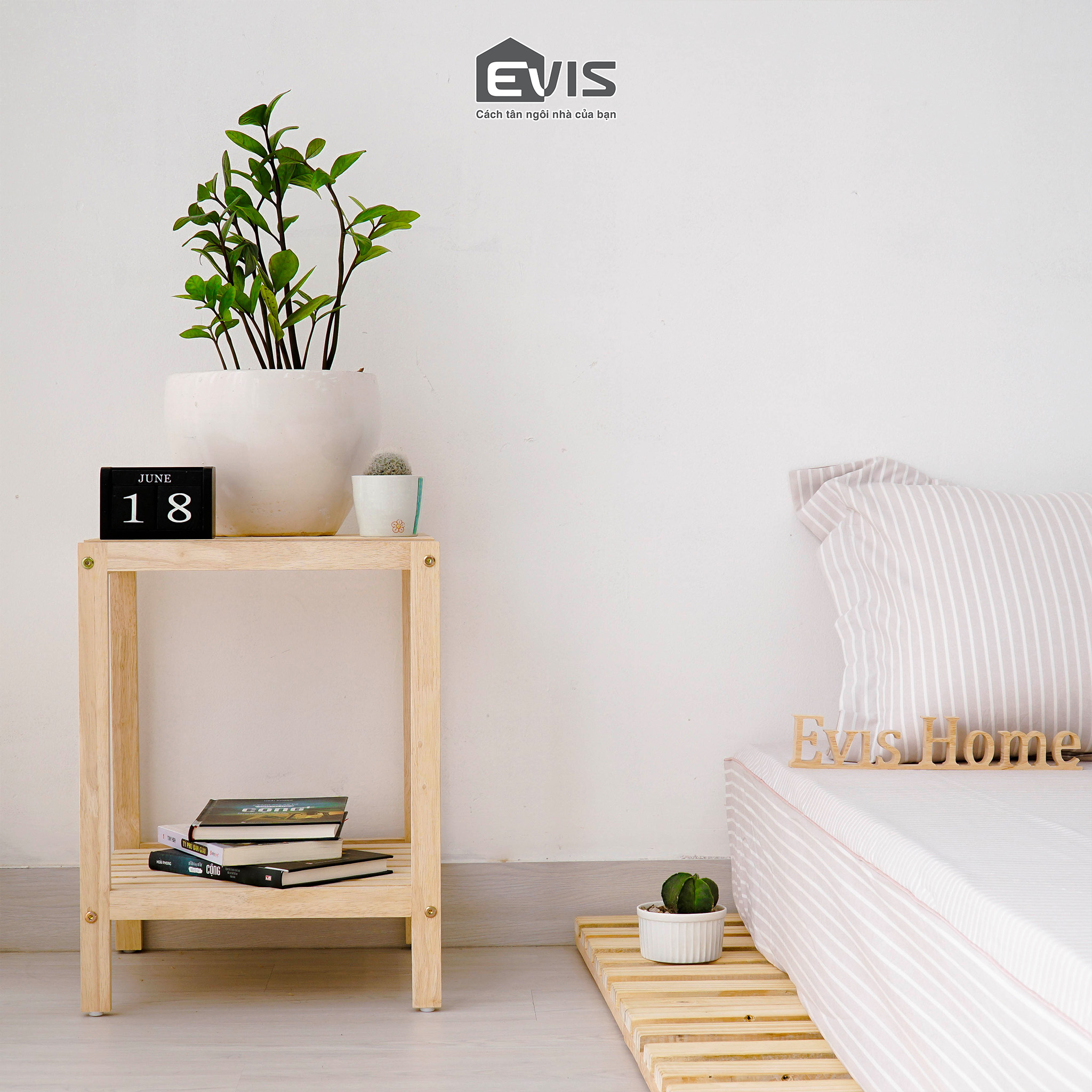 Kệ gỗ đa năng evis home - kệ đầu giường 2 tầng mặt thanh gỗ - lắp ráp dễ dàng - trang trí nội thất - màu gỗ