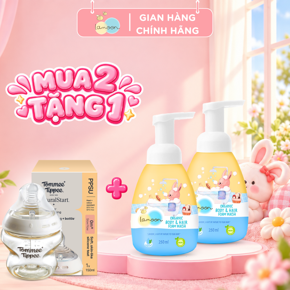 [MUA 2 TẶNG 1] Bình Sữa Tắm Gội Organic Dạng Bọt Lamoon 250ml TẶNG 1 Bình Sữa PPSU Ty Siêu Mềm Tommee Tippee 150ml