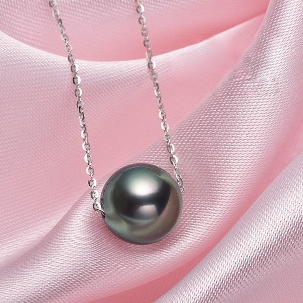 Dây chuyền ngọc trai biển tahiti vàng trắng, 9-10mm Daria, Màu đen