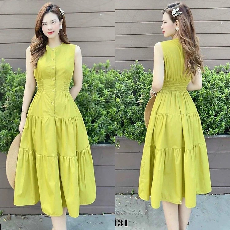 Váy đầm nữ xoè sát nách cổ tròn đính nút trẻ trung không kém phần xinh xắn