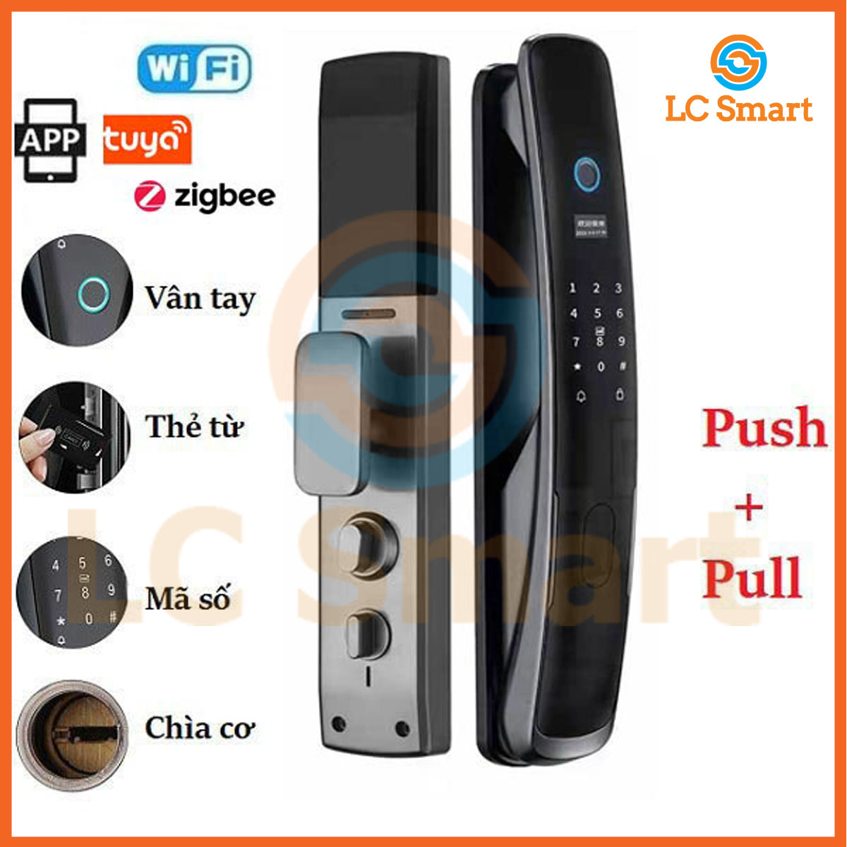 Khóa vân tay cửa gỗ cao cấp thông minh Push Pull PP02 dùng App TUYA