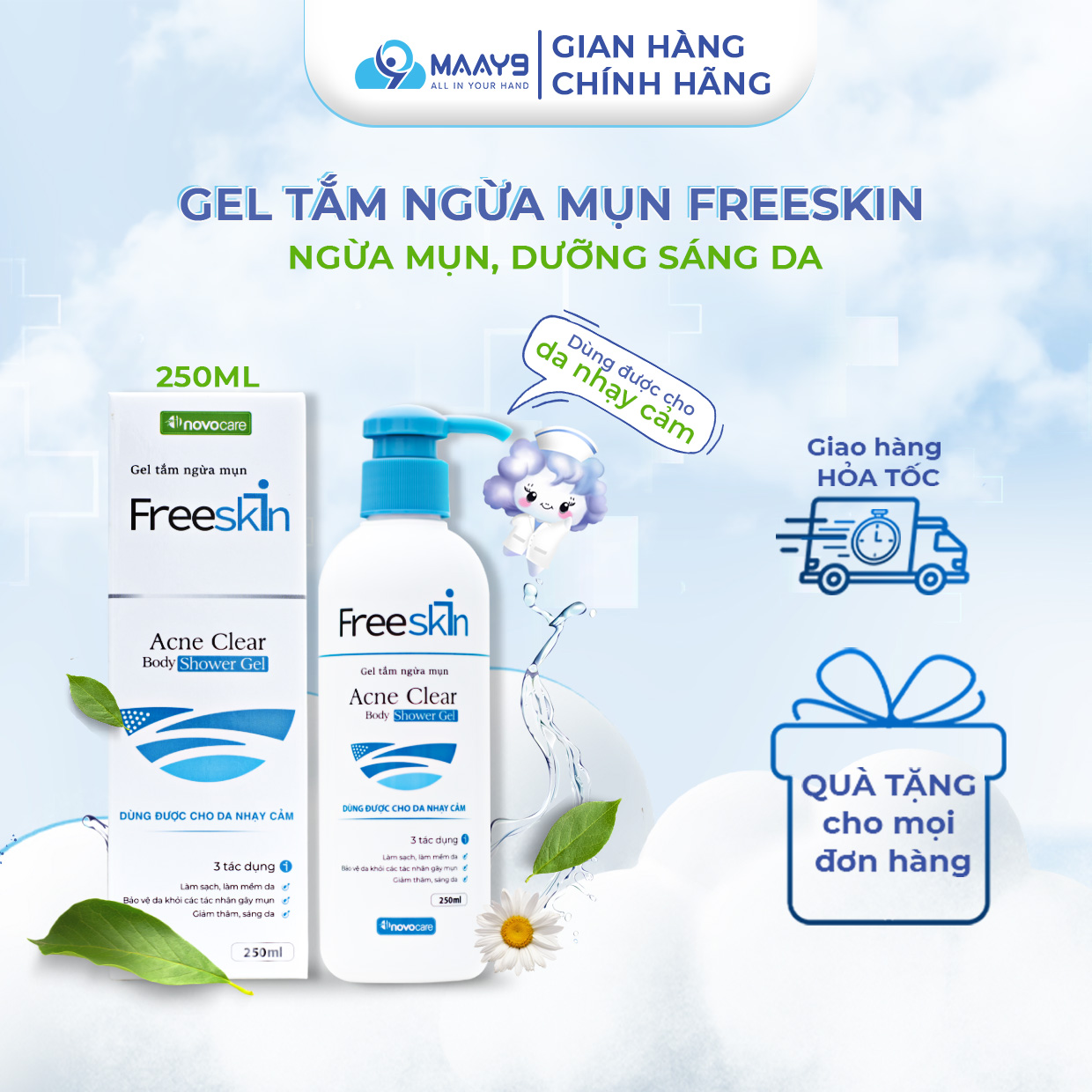 Gel tắm Novocare Freeskin giảm mụn lưng, mụn cơ thể, mờ thâm, sáng da, giảm viêm nang lông, giảm sưng mụn, dưỡng ẩm 250ml