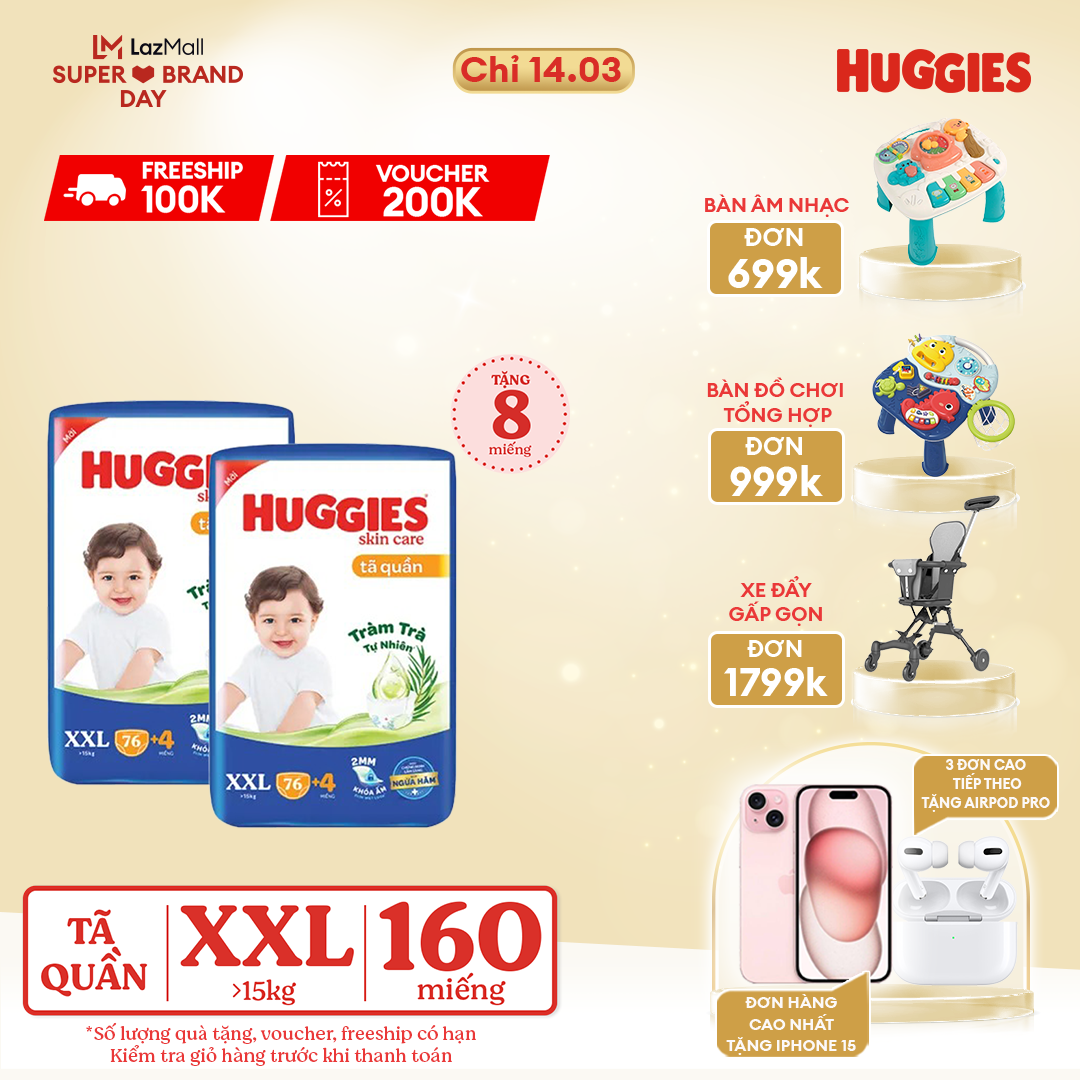 CHỈ 14.3 GIẢM THÊM ĐẾN 120K Combo 2 Gói Tã/bỉm quần HUGGIES SKINCARE MEGA JUMBO size XXL764 miếng