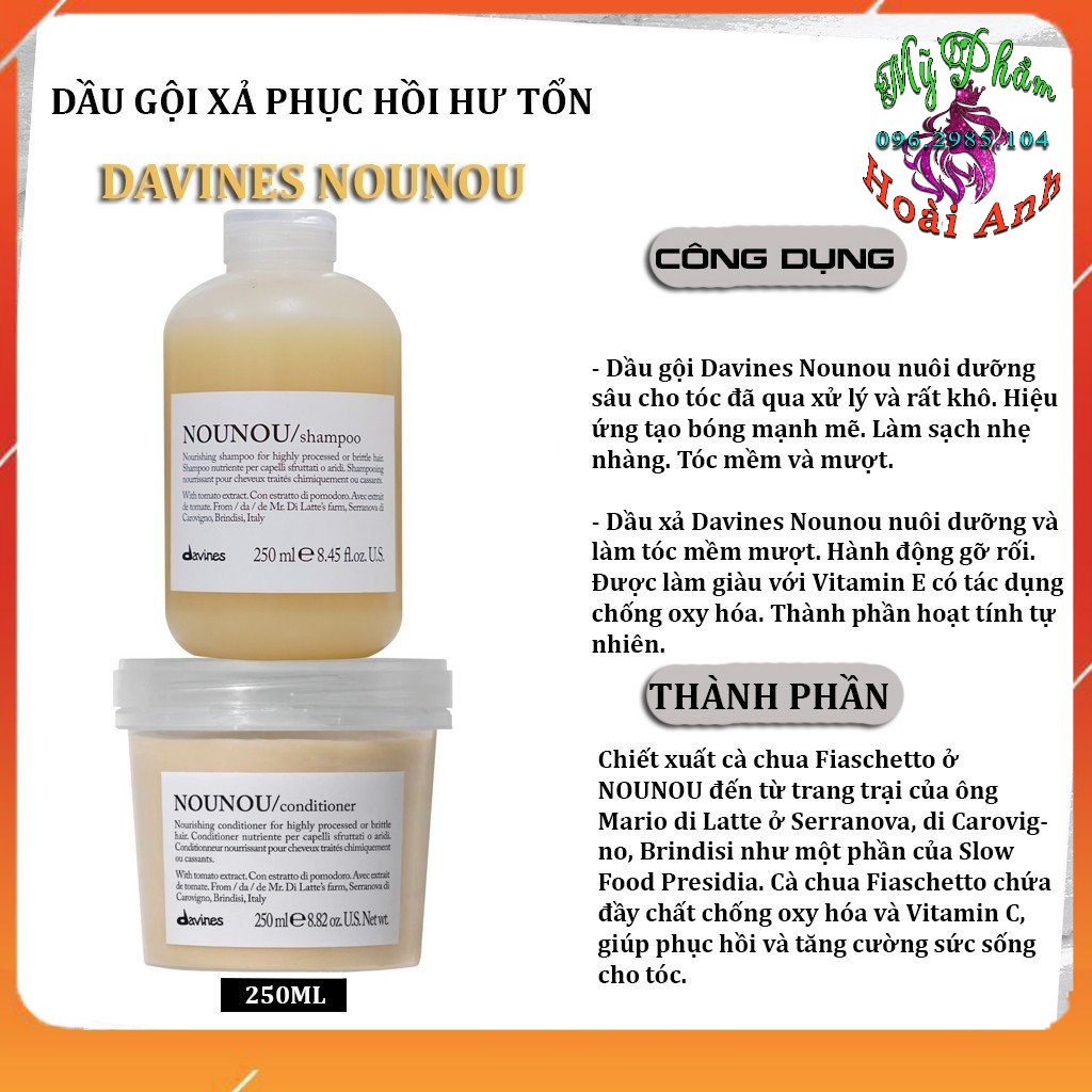 [Chính hãng] CẶP GỘI XẢ PHỤC HỒI TÓC HƯ TỔN DAVINES NOUNOU SHAMPOO AND CONDITIONER 250ML X 2 ITALY
