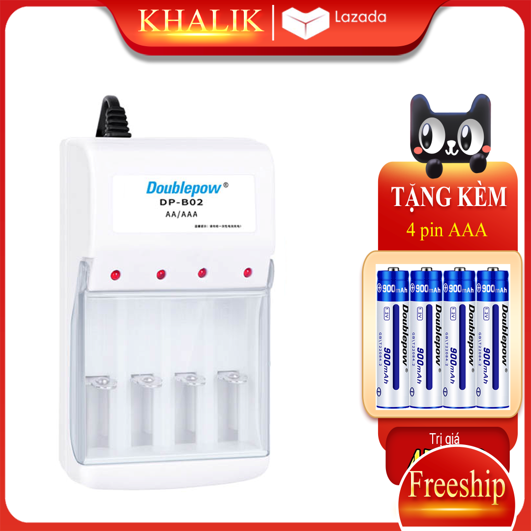 [B02+4AAA 900]Combo Bộ sạc pin AA, AAA Double Pow DP- B02 chất lượng cao và 04 viên pin AAA (pin đũa) 1,2V - 900mAh- hàng nhập khẩu