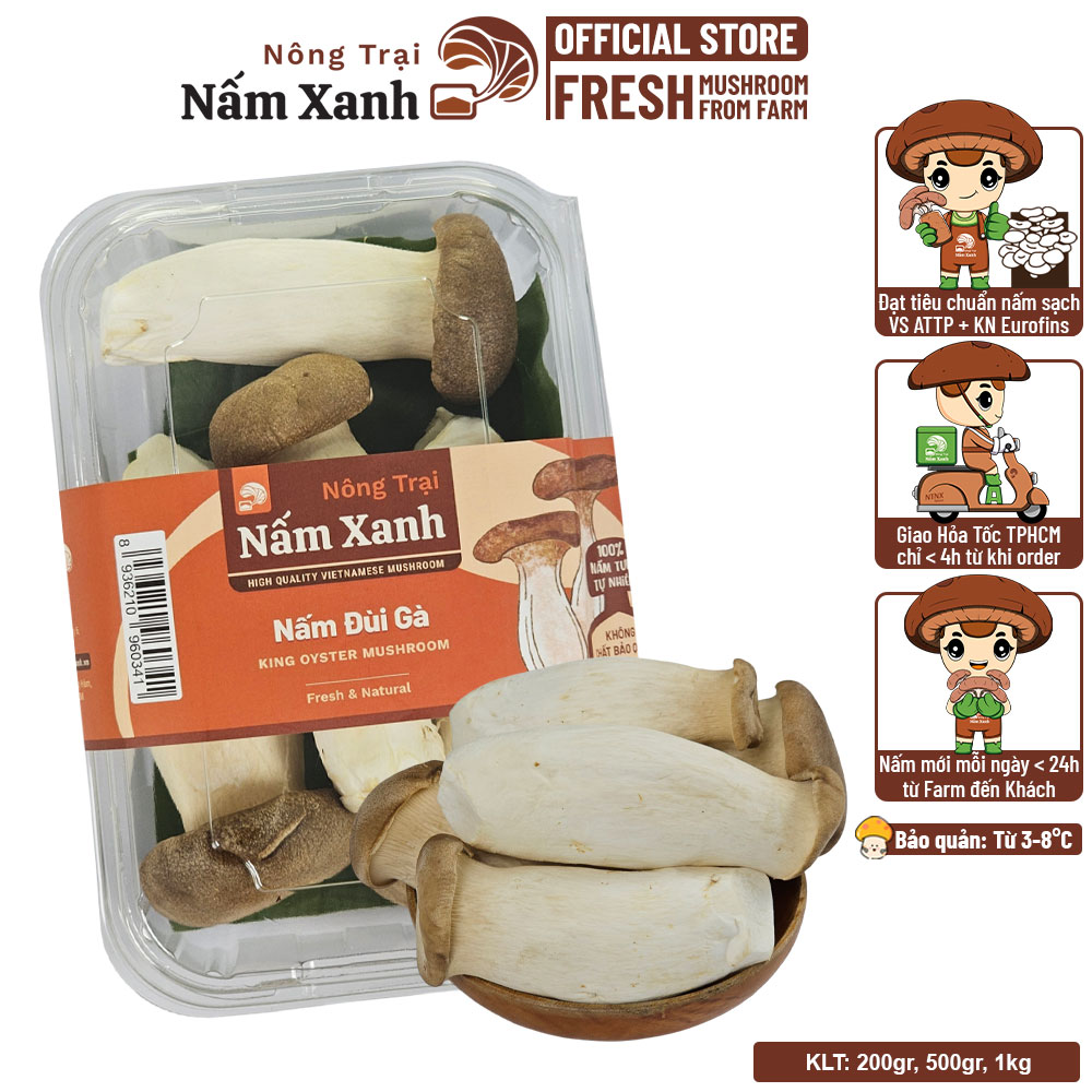 [HCM] Nấm Đùi Gà Tươi (200gr - 1kg) Loại 1 VN Thân To Vừa Chắc Ngon Ngọt - Nông Trại Nấm Xanh