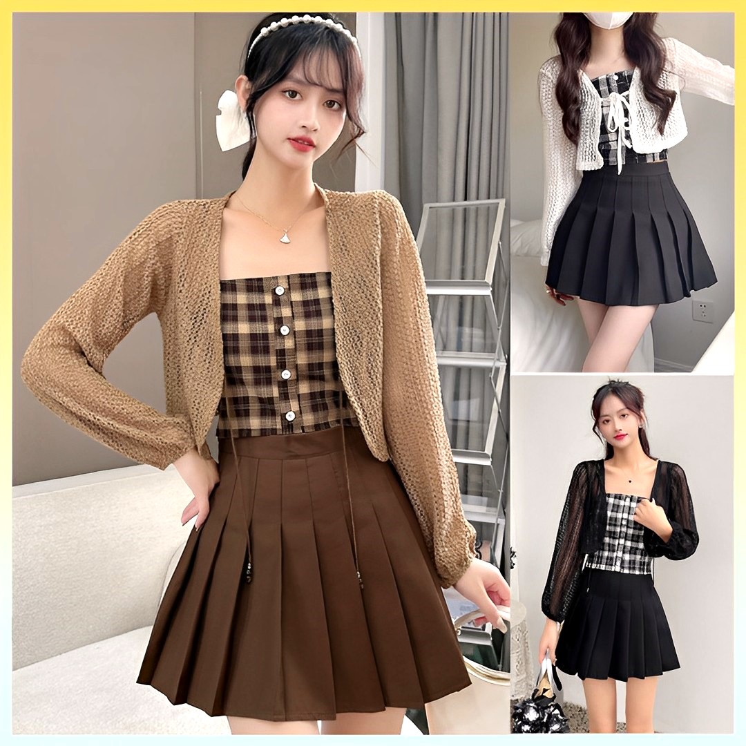 Set áo khoác len lưới kèm áo caro đính nút thời trang năng động - l2m