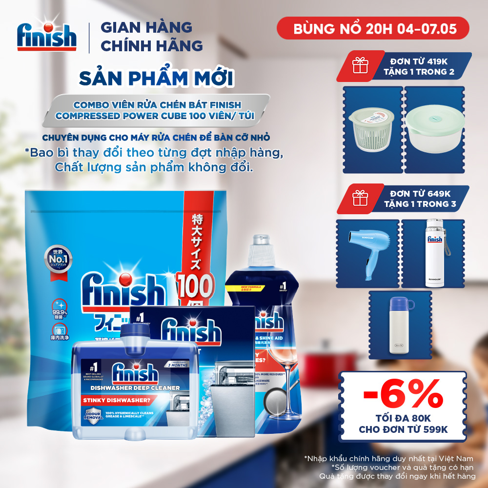 Combo Finish: Viên Rửa Chén Finish Nhật Bản Power Cube 100 Viên + Nước bóng + Dung dịch vệ sinh máy + Muối 2kg