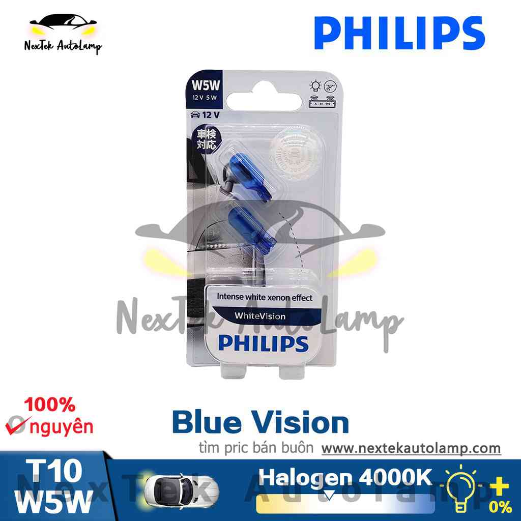 Philips White Light Blue Vision T10 W5W 12961BV WHVB2 4000K 12V Biển Số Xe ô Tô Bóng đèn Halogen H2.1×9.5d