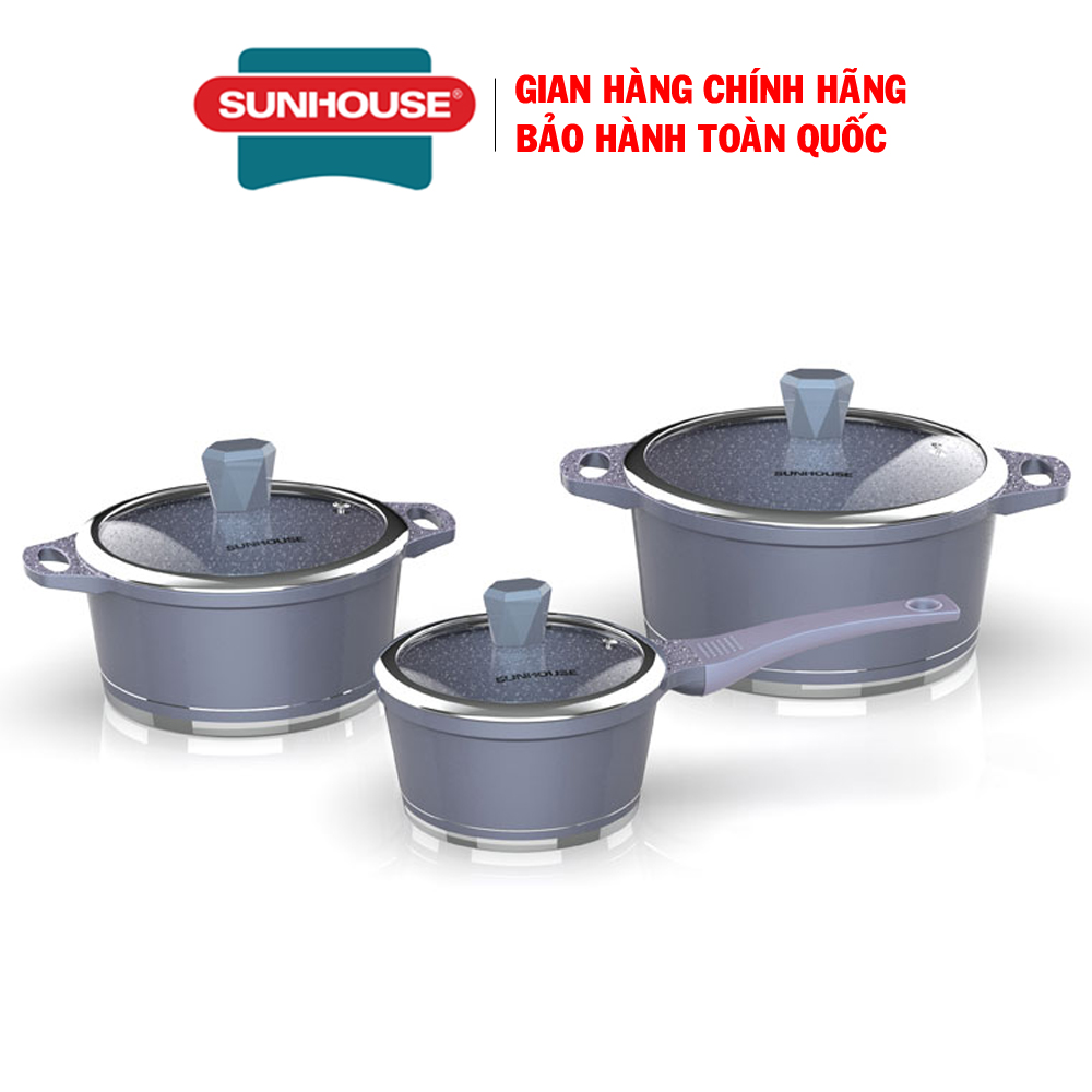 Bộ nồi vân đá đáy từ SUNHOUSE SHG2003MMA - Bộ nồi có chống dính đáy từ - Nồi vân đá bếp từ -Nồi chống dính đáy từ