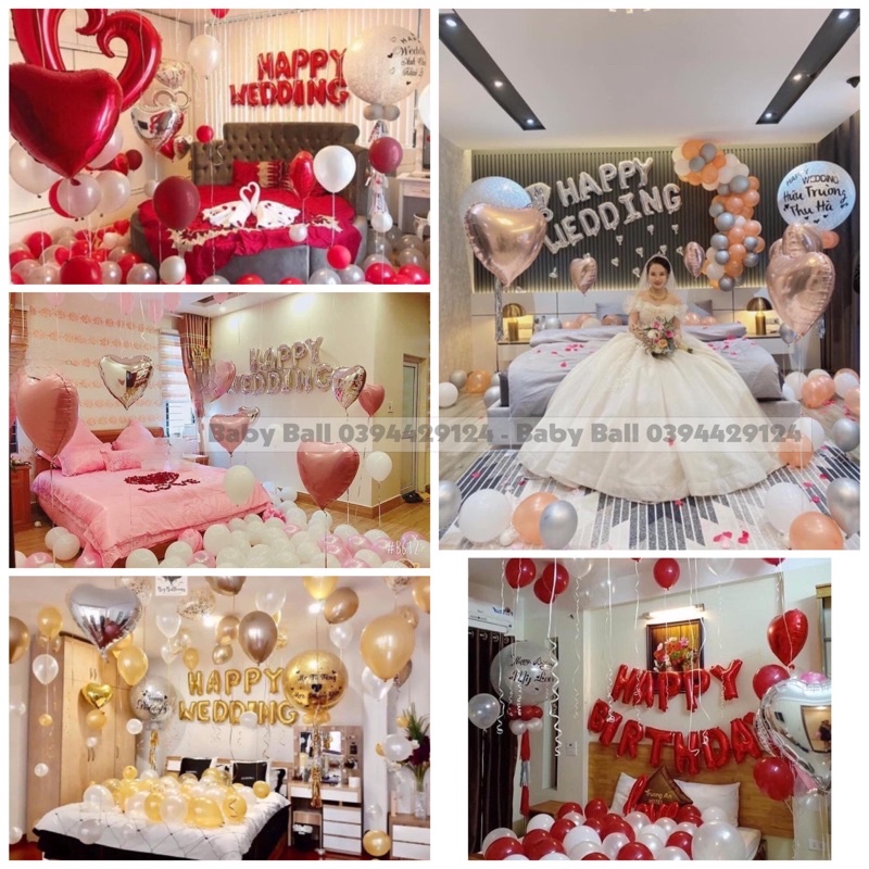 Sét Bóng Happy Wedding Trang Trí Phòng Cưới Tông Đỏ Trắng