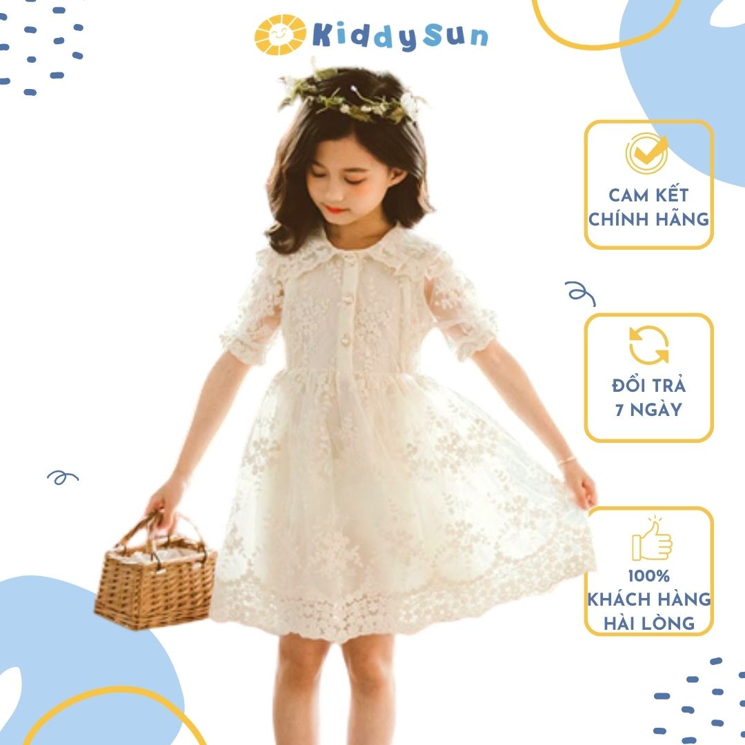 Váy bé gái Kiddy Sun ren trắng công chúa sang xịn mềm mát an toàn dành cho bé gái từ 2,3,4,5,6,7,8,9,10,11,12 tuổi[V27]