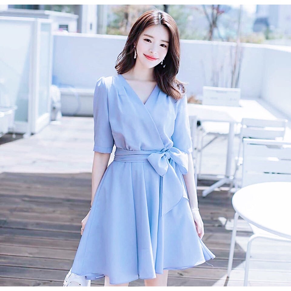 Đầm xòe xanh đắp chéo buộc eo - dx023
